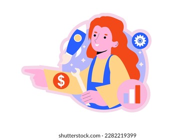 Startup round concept with people scene in the flat cartoon design. Woman trying to realize her own idea and launch her first startup. Vector illustration.