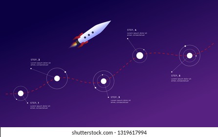 Startup Route to Success. Rocket ballistics path Timeline. Vector infographics.