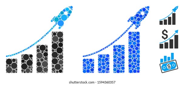 Startup sales chart mosaic of small circles in different sizes and shades, based on startup sales chart icon. Vector filled circles are organized into blue mosaic.