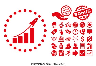 Startup Sales icon with bonus clip art. Vector illustration style is flat iconic symbols, red color, white background.