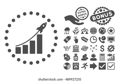 Startup Sales icon with bonus elements. Vector illustration style is flat iconic symbols, gray color, white background.