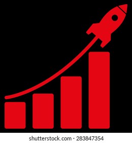 Startup sales icon from Business Bicolor Set. Vector style: flat symbol, red color, rounded angles, black background.