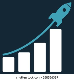 Startup sales icon from Business Bicolor Set. Vector style: bicolor flat symbol, blue and white colors, rounded angles, dark blue background.