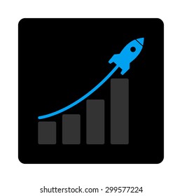 Startup sales icon. Vector style is bicolor flat symbol, gray and light blue colors, black rounded square button, white background.
