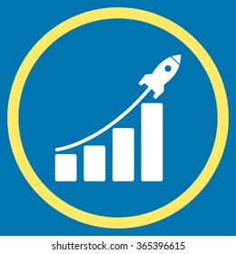 Startup Sales vector icon. Style is bicolor flat circled symbol, yellow and white colors, rounded angles, blue background.