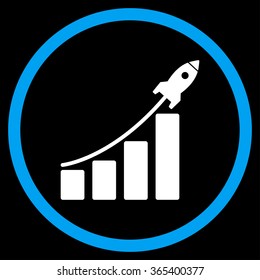 Startup Sales vector icon. Style is bicolor flat circled symbol, blue and white colors, rounded angles, black background.