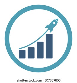 Startup sales vector icon. This rounded flat symbol is drawn with cyan and blue colors on a white background.