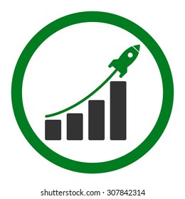 Startup sales vector icon. This rounded flat symbol is drawn with green and gray colors on a white background.