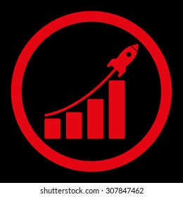Startup sales vector icon. This rounded flat symbol is drawn with red color on a black background.