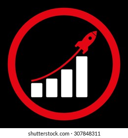 Startup sales vector icon. This rounded flat symbol is drawn with red and white colors on a black background.