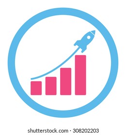 Startup sales vector icon. This rounded flat symbol is drawn with pink and blue colors on a white background.