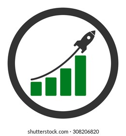 Startup sales vector icon. This rounded flat symbol is drawn with green and gray colors on a white background.