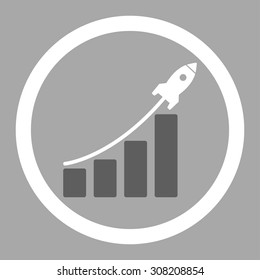 Startup sales vector icon. This rounded flat symbol is drawn with dark gray and white colors on a silver background.