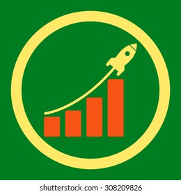 Startup sales vector icon. This rounded flat symbol is drawn with orange and yellow colors on a green background.