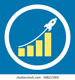 Startup sales vector icon. This rounded flat symbol is drawn with yellow and white colors on a blue background.