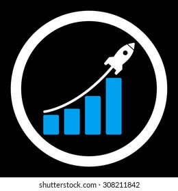 Startup sales vector icon. This rounded flat symbol is drawn with blue and white colors on a black background.