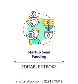 Startup Seed Funding Concept Icon. Small Business Program Abstract Idea Thin Line Illustration. Personal Income Growth. Isolated Outline Drawing. Editable Stroke. Arial, Myriad Pro-Bold Fonts Used