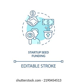 Startup Seed Funding Turquoise Concept Icon. Small Business Program Abstract Idea Thin Line Illustration. Income Growth. Isolated Outline Drawing. Editable Stroke. Arial, Myriad Pro-Bold Fonts Used