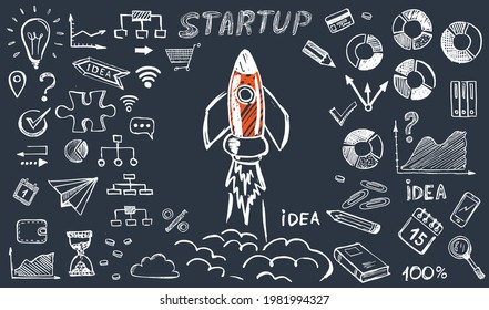 Startup, Set von Concept-Icons im Doodle-Stil. Vektorgrafik.