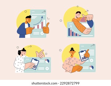 Startup set concept with people scene in the flat cartoon style. Young business men are working on the development of their business ideas. Vector illustration.