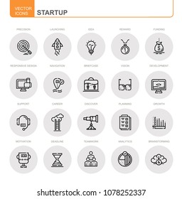 Startup. Set of flat, vector and linear icons. The set contains icons such as development, planning, teamwork and others.