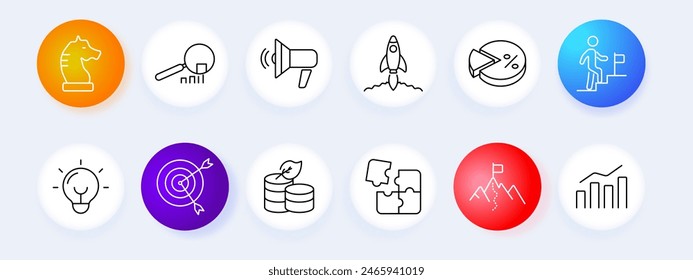 Startup set icon. New project, idea, inspiration, plan, creativity, problems, implementation, business, analysis, income, chart, lamp, success, team building, rocket, chess knight, puzzle, lightbulb