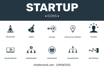 Startup set icons collection. Includes simple elements such as Pre-release, Launch, Intellectual property, Online donation and Key idea premium icons.