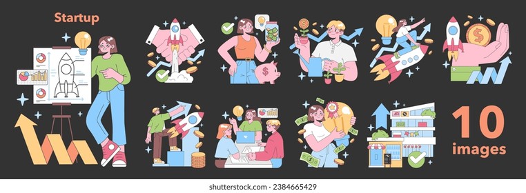 Startup set. Journey of a business idea. Rocket launch, financial growth, teamwork dynamics, and profit realization. Entrepreneurial spirit. Achieving success. Flat vector illustration