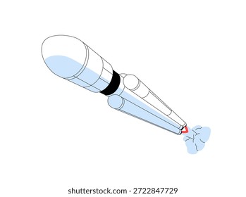 Startup of shuttle, spaceship in space travel. Launch of spacecraft, rocket in cosmos trip. Start up of galaxy ship. Interstellar flight, universe journey. Flat isolated vector illustration on white