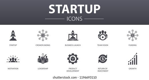 Startup simple concept icons set. Contains such icons as Crowdfunding, Business Launch, Motivation, Product development and more, can be used for web, logo, UI/UX