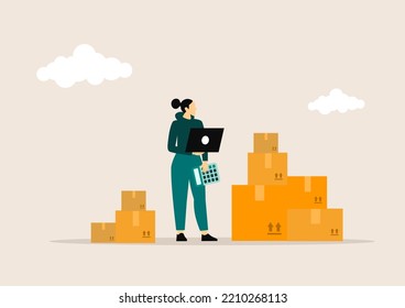 Startup small business. A woman using laptop computer check online order and prepare to packing for customer. Successful SME business online, vector illustration concept.