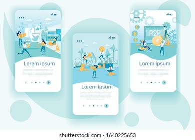 Startup in Social Networks, Company Teamwork. Workers Developing Ads on Social Networks about Project for New Idea. People are Sitting on Big Coins. Man with Big Bag Money, Girls are Working on Idea.
