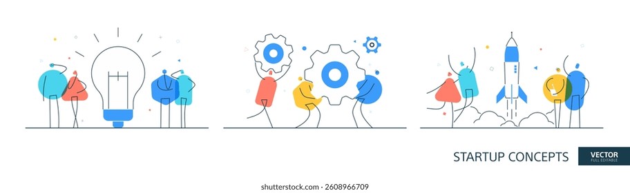 Startup solution illustrations set in thin line style. Creative idea abstract linear vector design concepts. Technology communication flat icons. Tiny geometric people team.