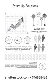 Startup solutions black and white poster with line graphs, pie charts and HR statistics. Vector Illustration of poster with people silhouettes