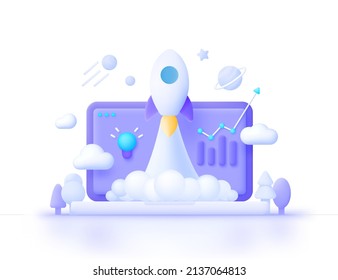 Startup, space, business concept. Cartoon startup for concept design. Abstract illustration with startup for concept design. Spaceship launch. 3d Vector illustration
