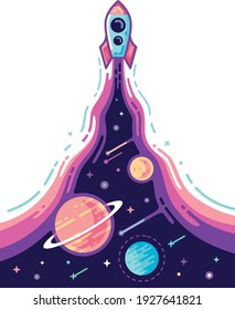 Lanzamiento del cohete espacial Startup en fondo blanco 