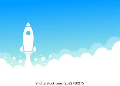 startup space ship in sky background with smoke cloud and text space vector