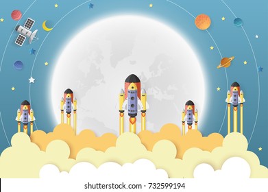 Startup space shuttle on moon and Solar system.paper art