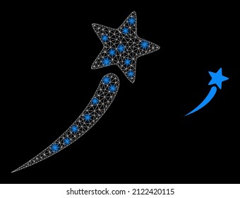 Startup star icon and constellation mesh net startup star model with illuminated spots. Illuminated constellation generated from startup star vector icon and triangle mesh. Flare carcass startup star,