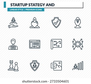Conjunto de estrategias e íconos de inicio: cuidado, reacción, validación, recursos, aumento de la colección del Vector de esquema.