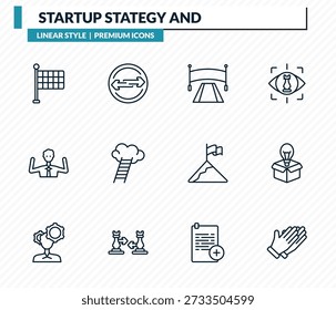 Estrategia de inicio e iconos establecidos: marca de finalización, intercambio, línea de finalización, nuevo producto, colección de Vector de contorno de clap.