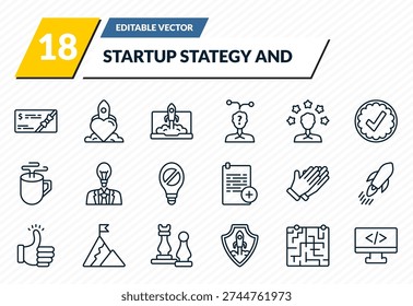 startup stategy and icons set - gift voucher, reaction, startup laptop, strategy in a labyrinth, web development outline vector collection.