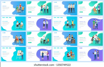 Startup and strategy on workers vector, people working in office, successful teams and celebration of achievements, teamwork happy man and woman set