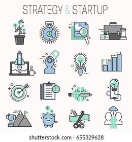 Startup and strategy outline web busines icon set for websites ui management finance start up vector illustration.