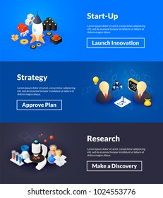 Startup strategy and research banners of isometric color design, concepts vector illustration for web poster template and printed materials, horizontal landscape orientation