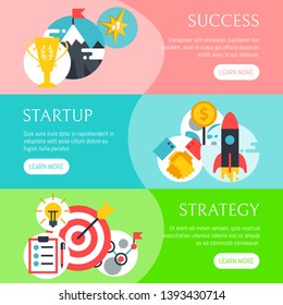 Startup strategy set of banners vector illustration. Digital marketing, srartup planning analytics. Achieving success. Creative team. Development launch for new ideas. Website design.