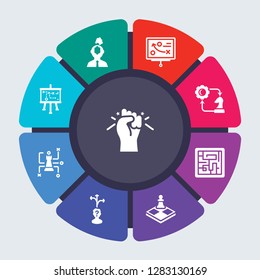 startup strategy and vector template for infographics. Business concept with 9 options, steps, parts, segments. Banner infographic cycling diagram, round chart, Strength, Strategy thought icons