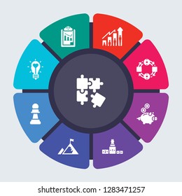 startup strategy and vector template for infographics. Business concept with 9 options, steps, parts, segments. Banner infographic cycling diagram, round chart, Puzzle, Project, Profits icons