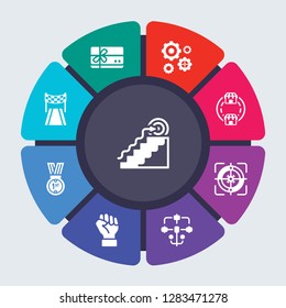 startup strategy and vector template for infographics. Business concept with 9 options, steps, parts, segments. Banner infographic cycling diagram, round chart, Goal, Gift voucher, Gears icons