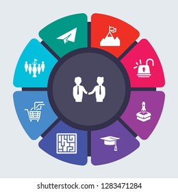 startup strategy and vector template for infographics. Business concept with 9 options, steps, parts, segments. Banner infographic cycling diagram, round chart, Partnership, Paper plane icons